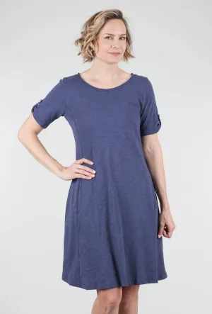 Cotton Slub Button-Sleeve Dress, Navy