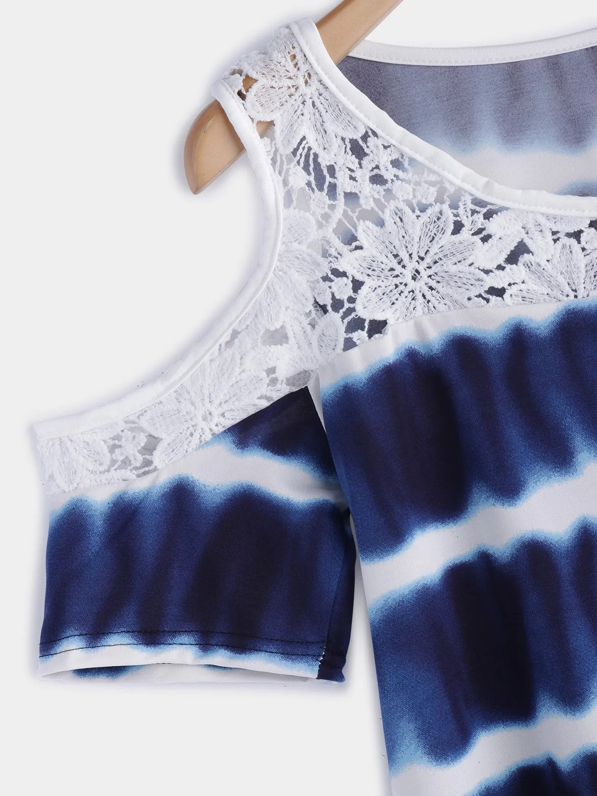 Custom Crew Neck Cold Shoulder Wave Lace Cut Out Short Sleeve Blue Blouses