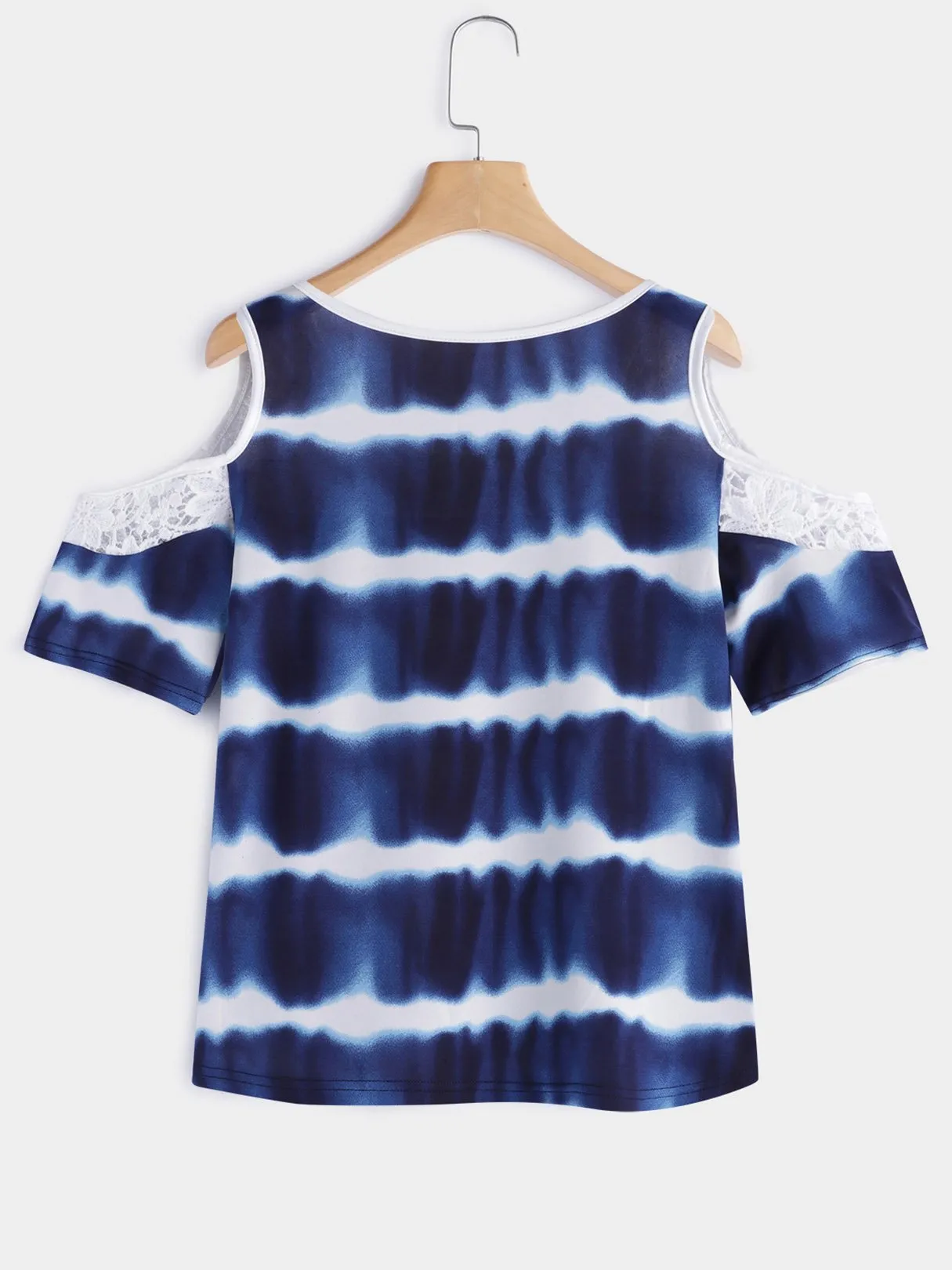Custom Crew Neck Cold Shoulder Wave Lace Cut Out Short Sleeve Blue Blouses
