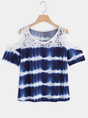 Custom Crew Neck Cold Shoulder Wave Lace Cut Out Short Sleeve Blue Blouses