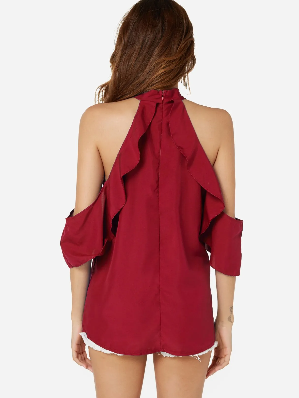 Custom Halter Cold Shoulder Plain Cut Out Half Sleeve Flounced Hem Blouses