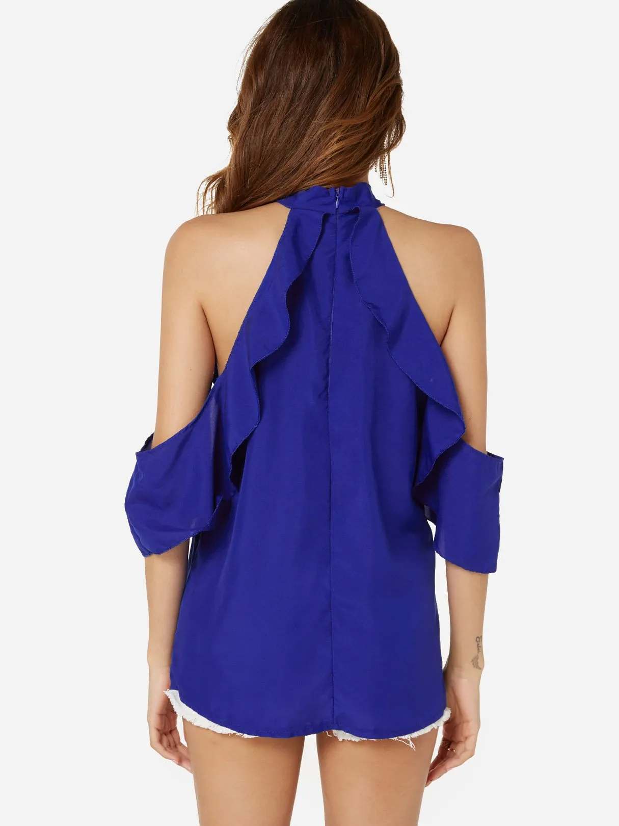 Custom Halter Cold Shoulder Plain Cut Out Half Sleeve Flounced Hem Blouses