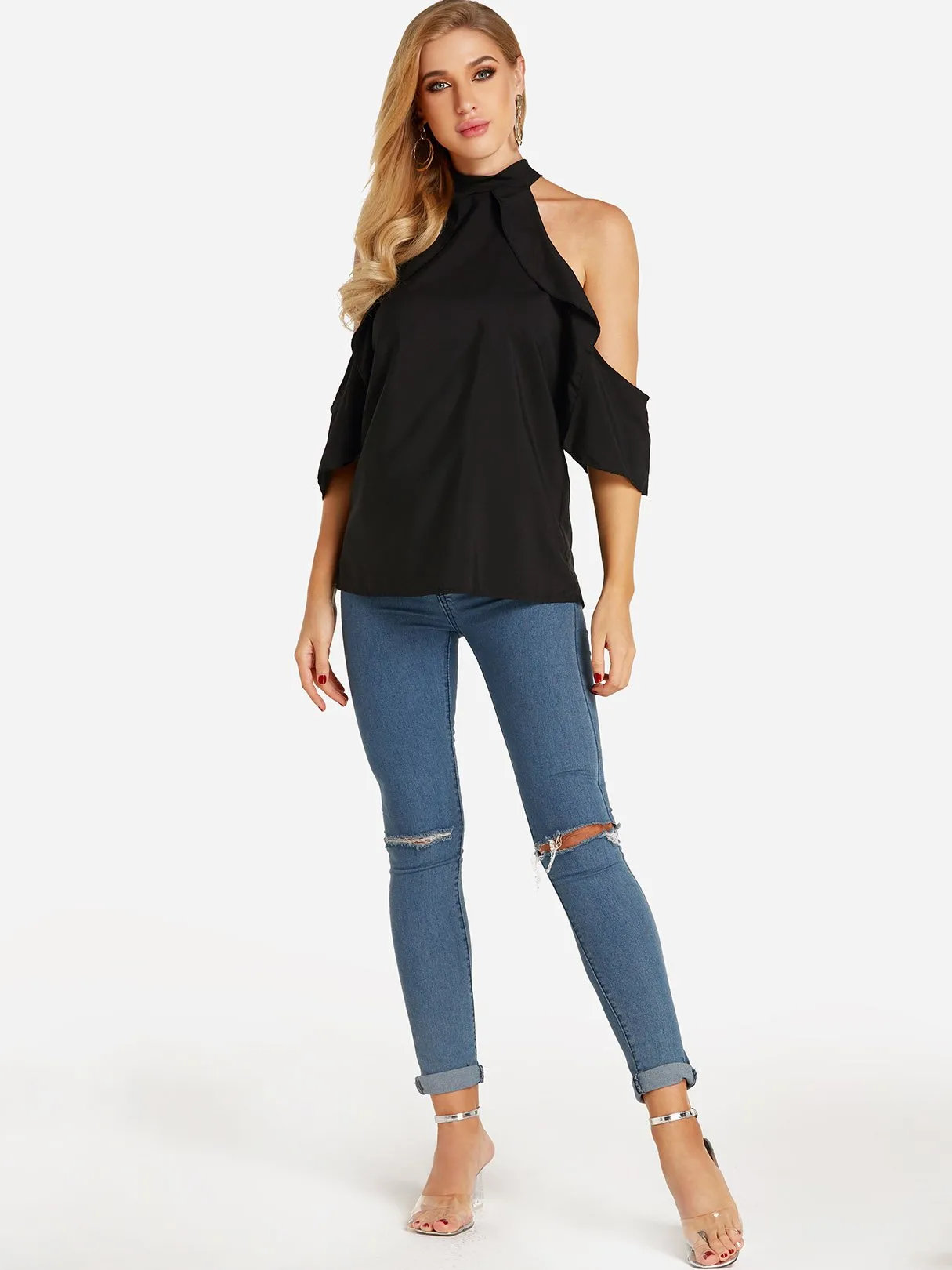 Custom Halter Cold Shoulder Plain Cut Out Half Sleeve Flounced Hem Blouses