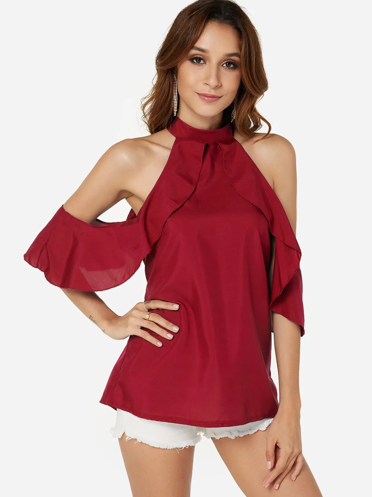Custom Halter Cold Shoulder Plain Cut Out Half Sleeve Flounced Hem Blouses