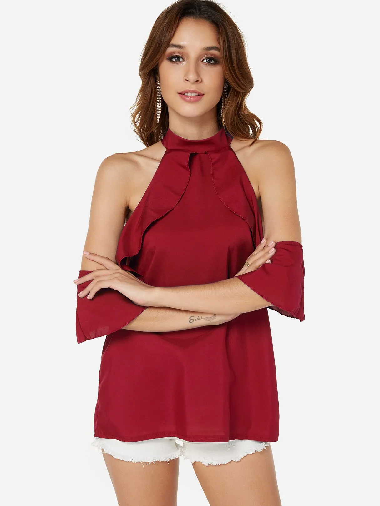 Custom Halter Cold Shoulder Plain Cut Out Half Sleeve Flounced Hem Blouses