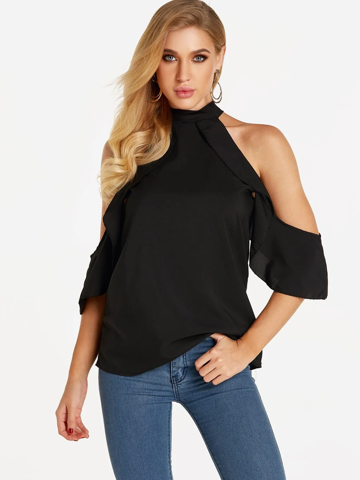 Custom Halter Cold Shoulder Plain Cut Out Half Sleeve Flounced Hem Blouses