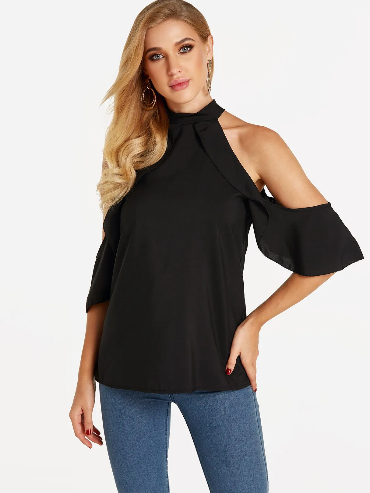 Custom Halter Cold Shoulder Plain Cut Out Half Sleeve Flounced Hem Blouses