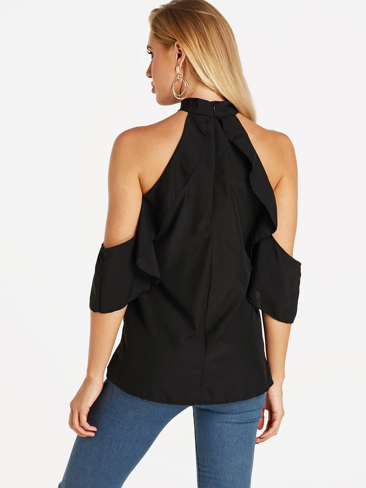 Custom Halter Cold Shoulder Plain Cut Out Half Sleeve Flounced Hem Blouses