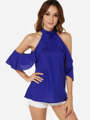 Custom Halter Cold Shoulder Plain Cut Out Half Sleeve Flounced Hem Blouses