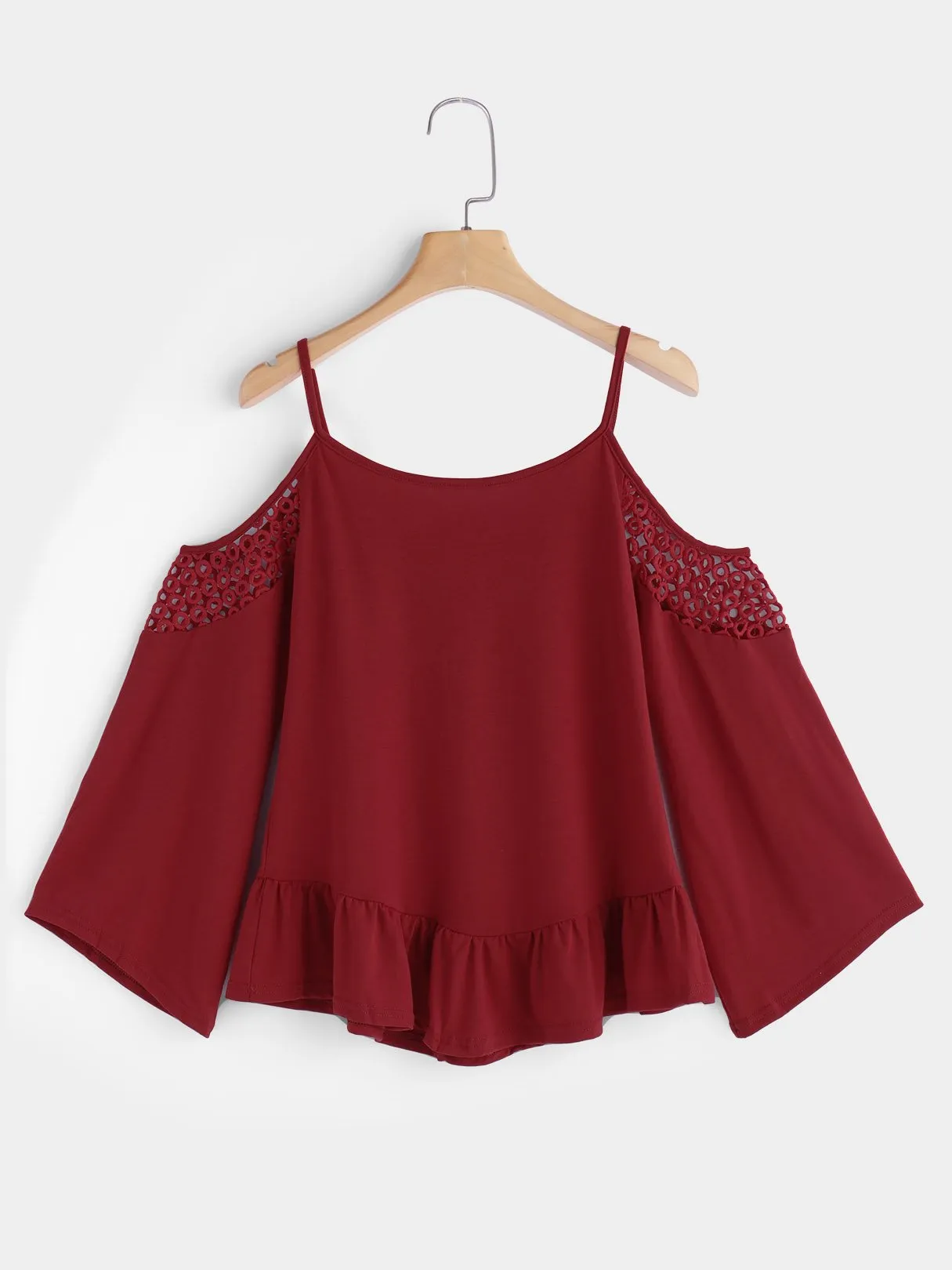 Custom Plain Hollow Lace-Up Cut Out Spaghetti Strap Long Sleeve Ruffle Hem Blouses