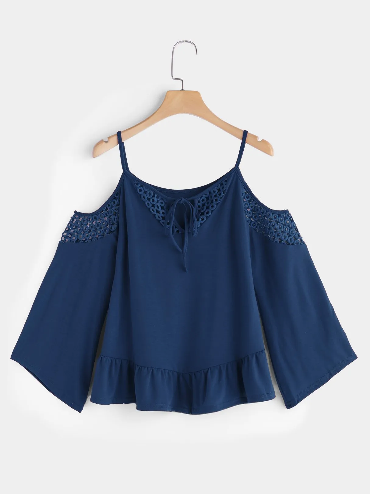 Custom Plain Hollow Lace-Up Cut Out Spaghetti Strap Long Sleeve Ruffle Hem Blouses