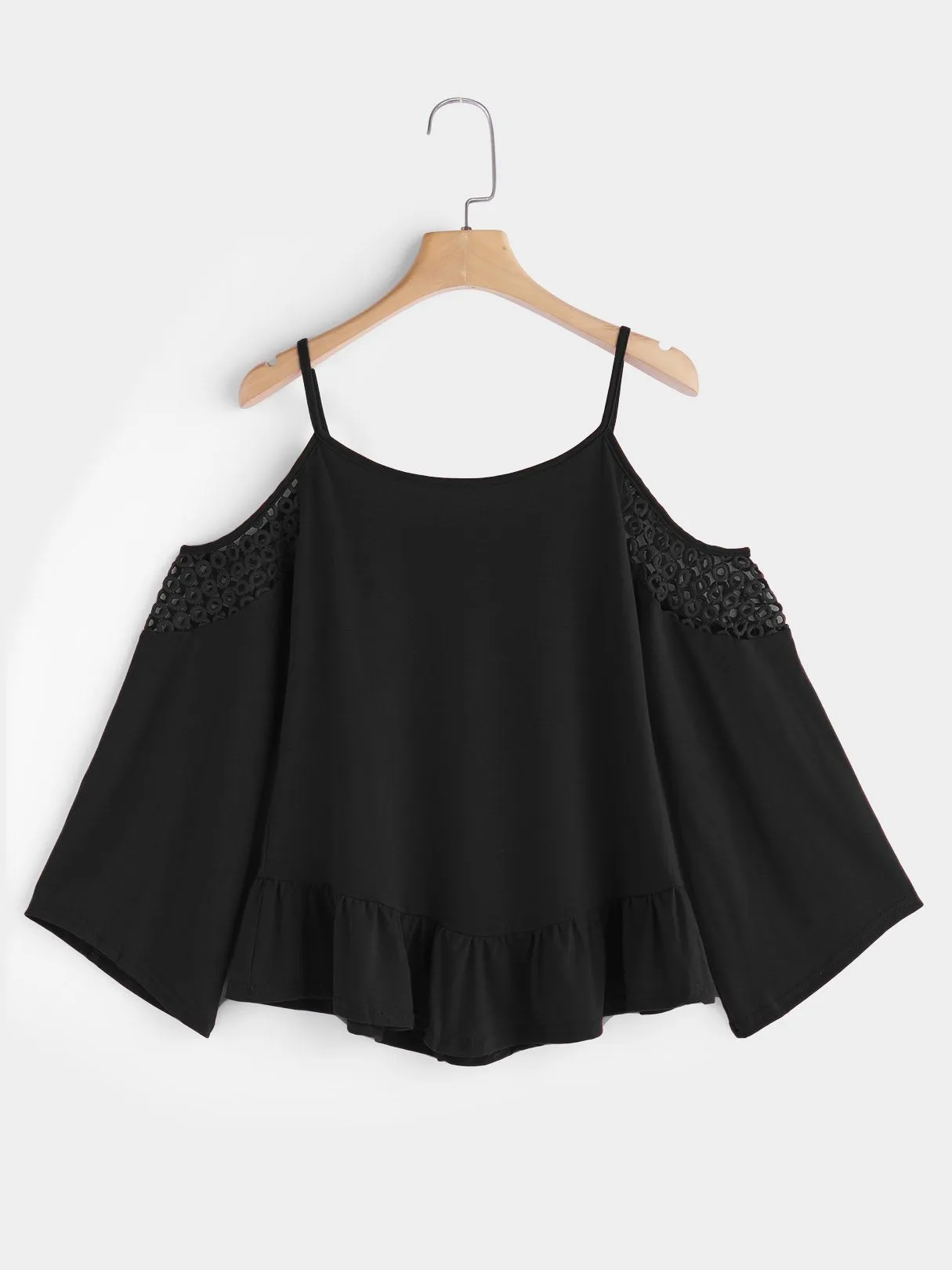 Custom Plain Hollow Lace-Up Cut Out Spaghetti Strap Long Sleeve Ruffle Hem Blouses