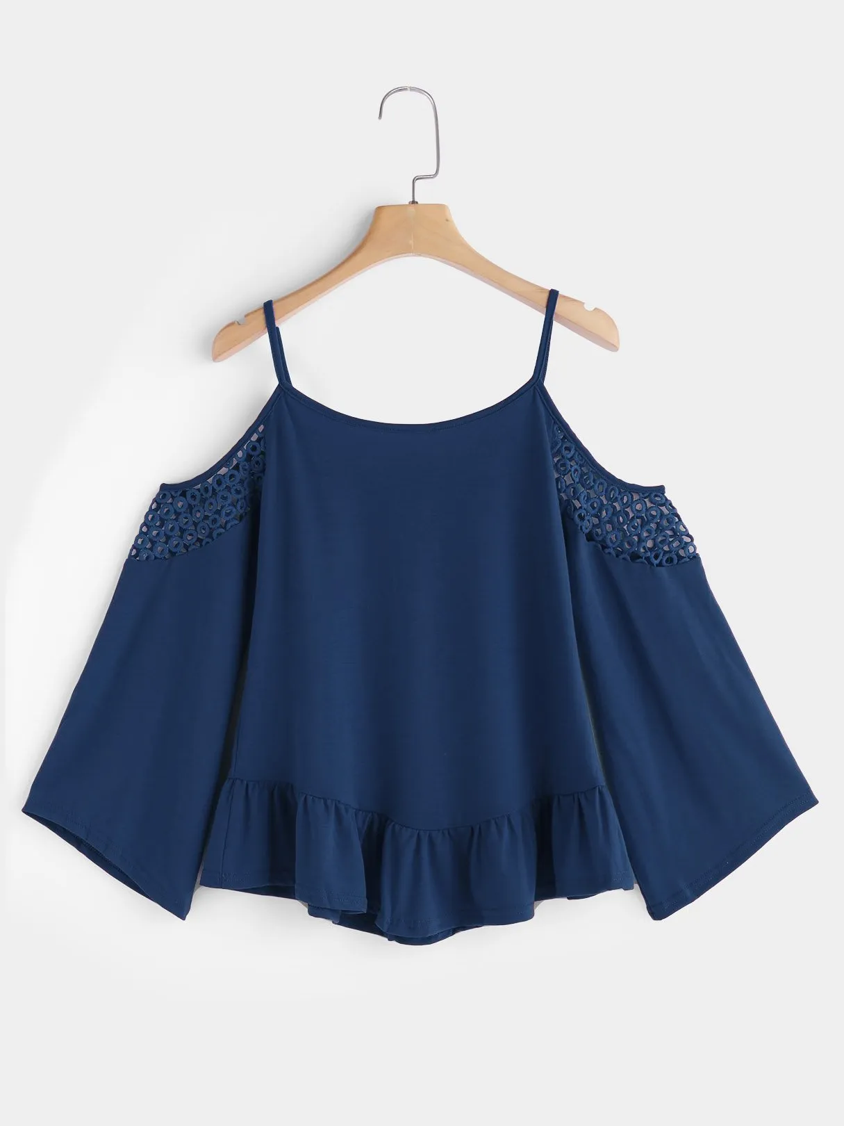 Custom Plain Hollow Lace-Up Cut Out Spaghetti Strap Long Sleeve Ruffle Hem Blouses
