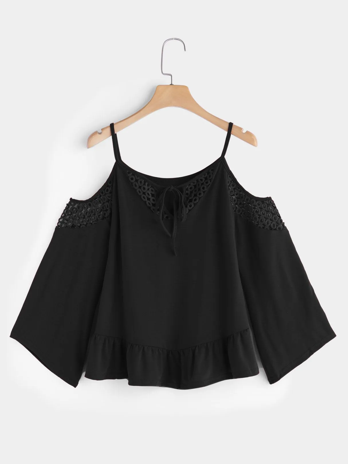 Custom Plain Hollow Lace-Up Cut Out Spaghetti Strap Long Sleeve Ruffle Hem Blouses