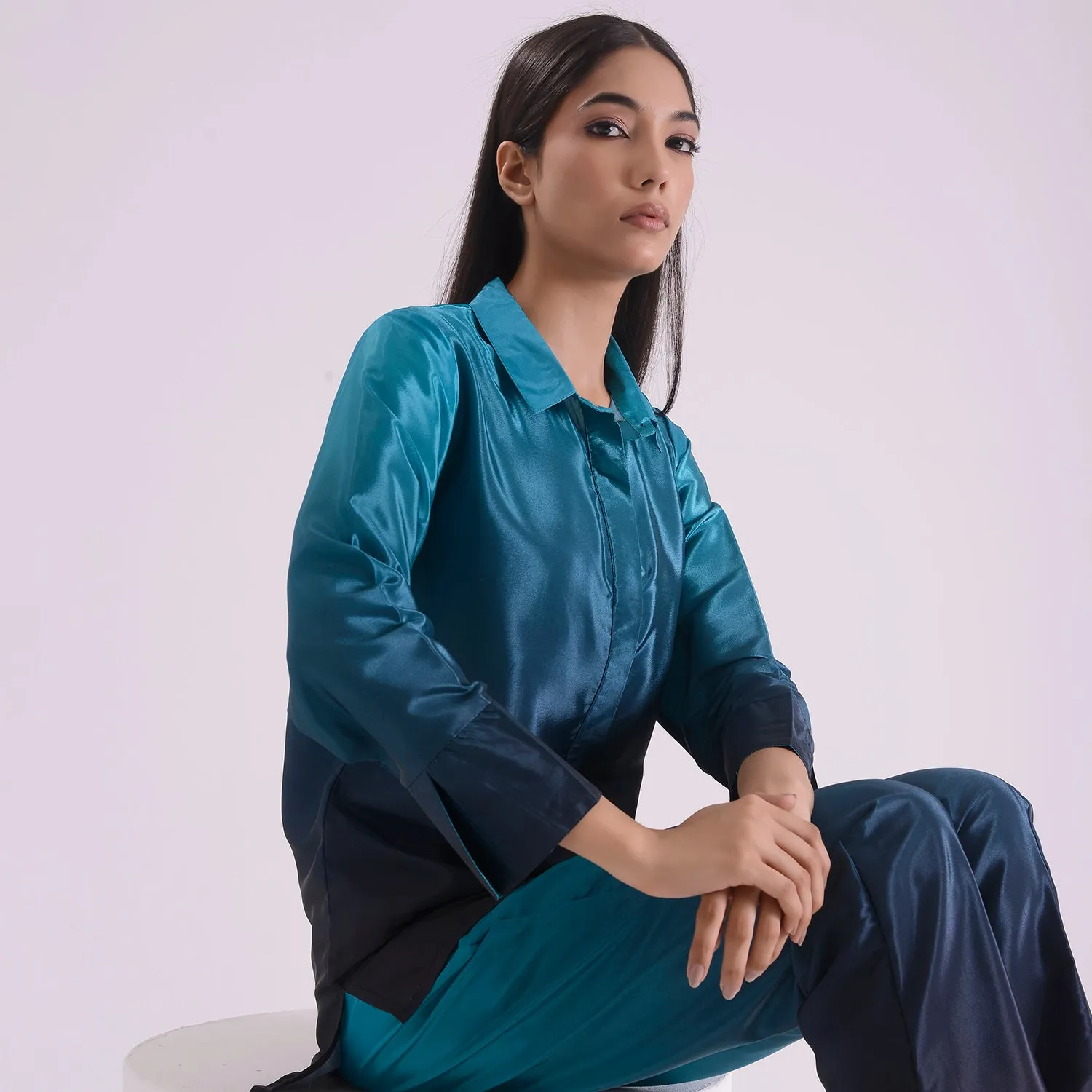 Dark ocean blue ombre Silk Coord set of 2