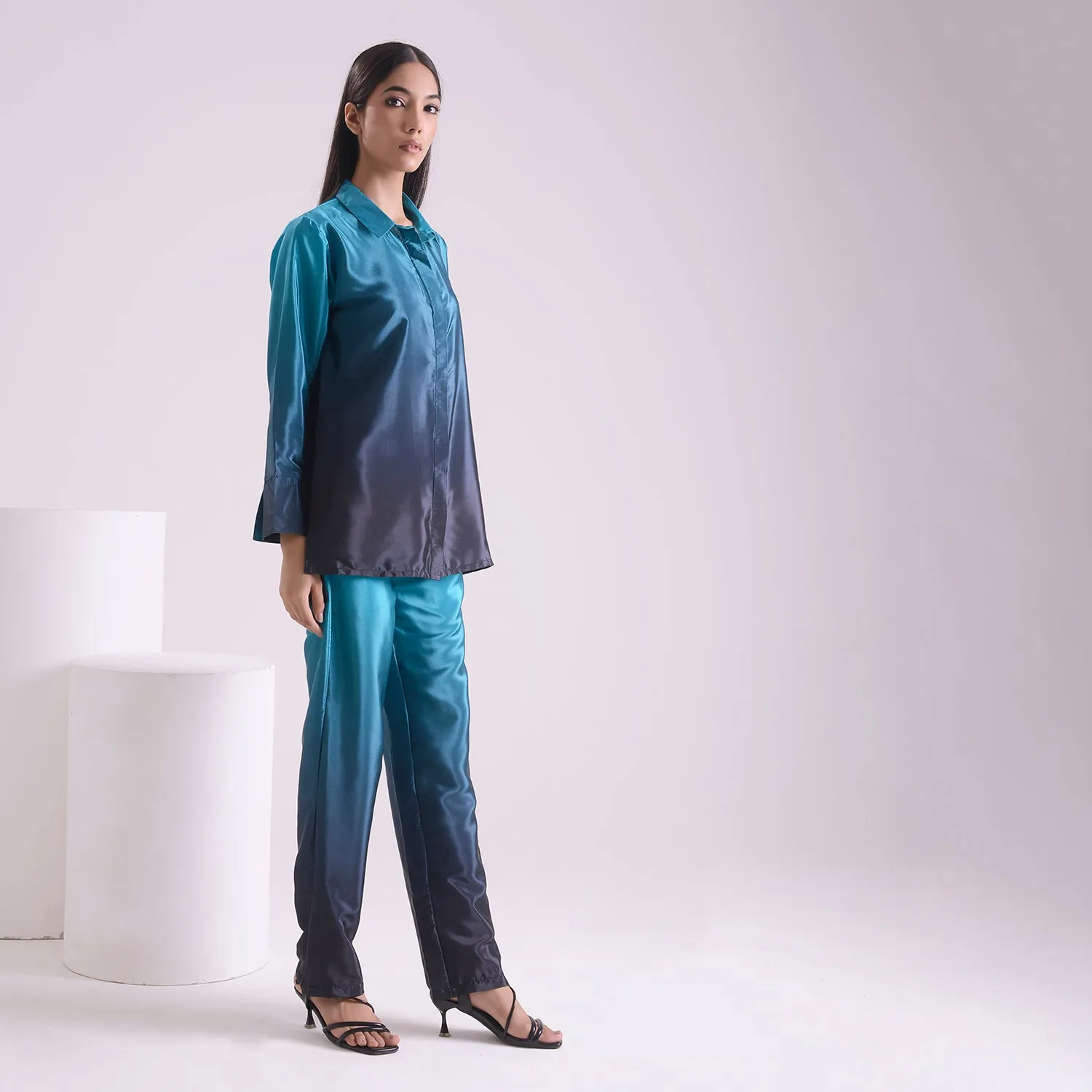 Dark ocean blue ombre Silk Coord set of 2