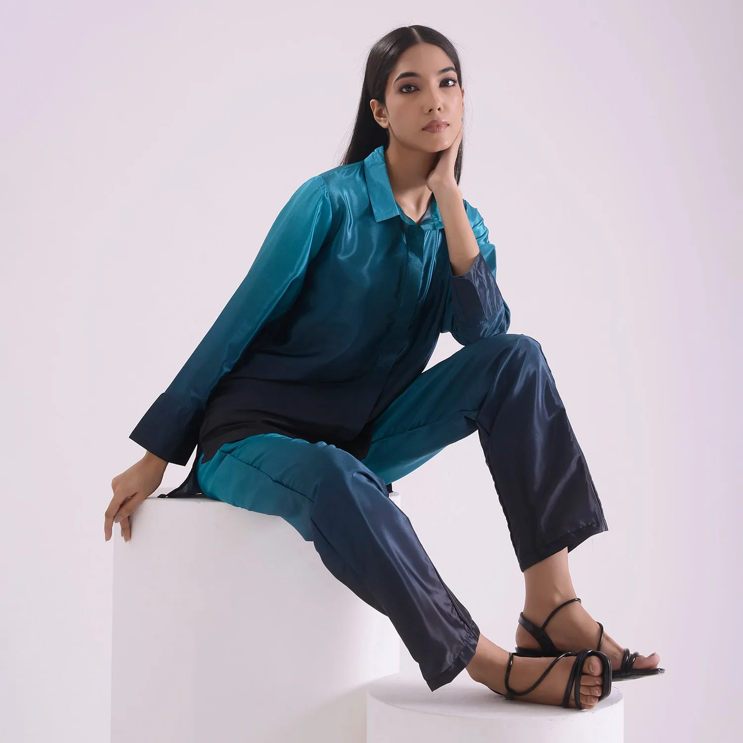 Dark ocean blue ombre Silk Coord set of 2