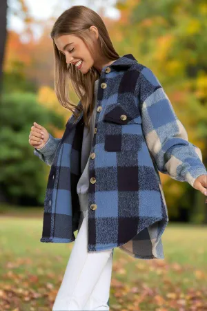Davi & Dani Multi Plaid Chest Pocket Detail Shacket