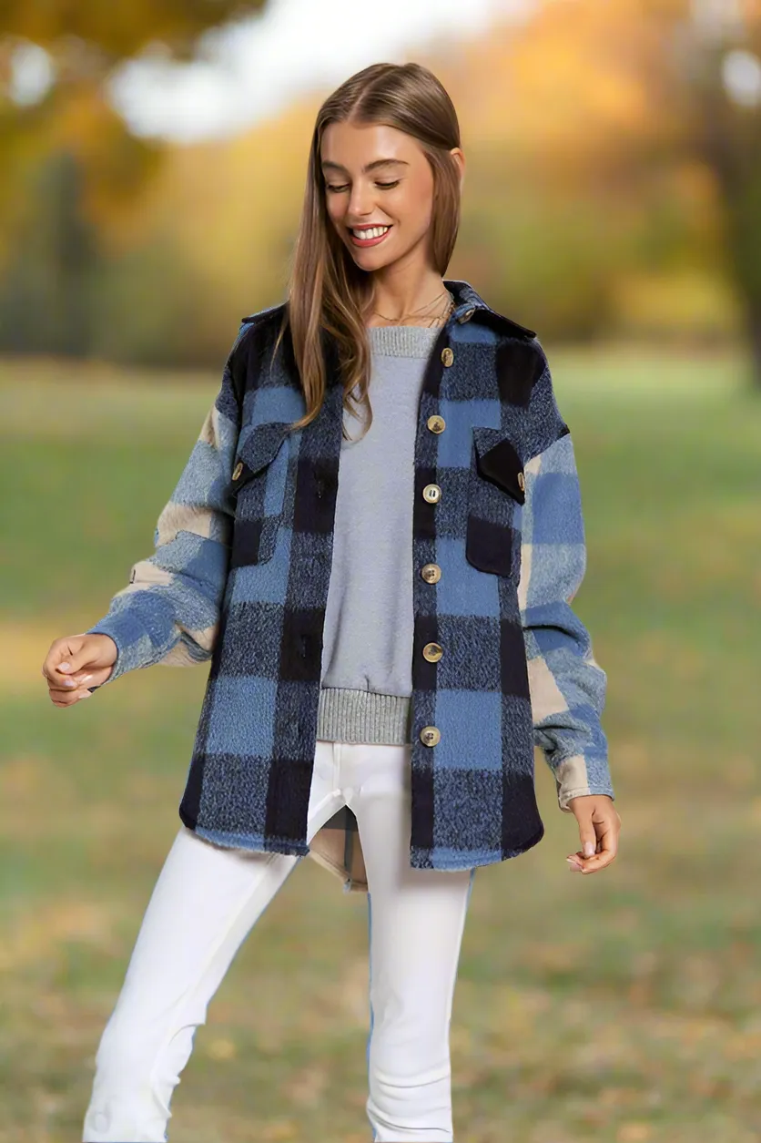 Davi & Dani Multi Plaid Chest Pocket Detail Shacket
