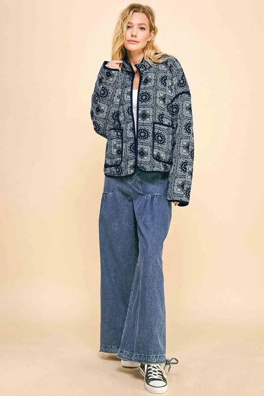 Davi & Dani Vintage Bandana Print Quilted Open Front Jacket with Pockets