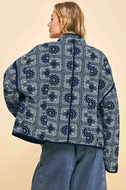Davi & Dani Vintage Bandana Print Quilted Open Front Jacket with Pockets