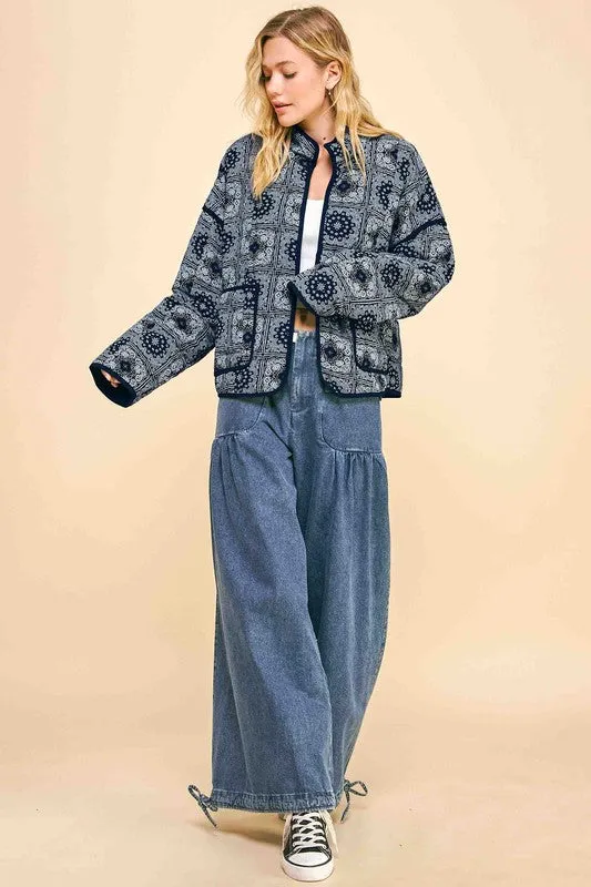 Davi & Dani Vintage Bandana Print Quilted Open Front Jacket with Pockets
