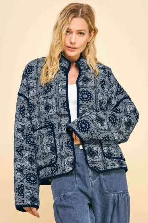 Davi & Dani Vintage Bandana Print Quilted Open Front Jacket with Pockets