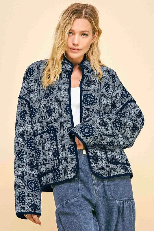 Davi & Dani Vintage Bandana Print Quilted Open Front Jacket with Pockets