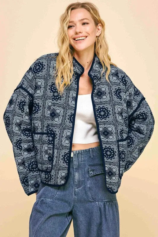 Davi & Dani Vintage Bandana Print Quilted Open Front Jacket with Pockets