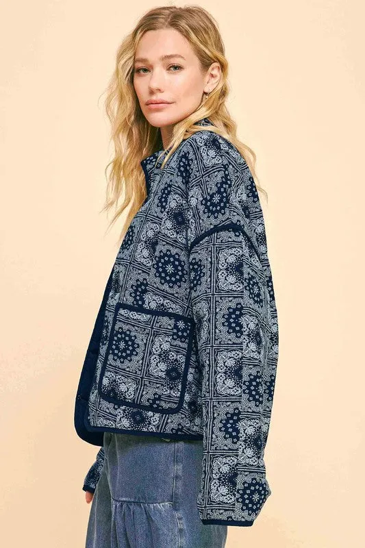 Davi & Dani Vintage Bandana Print Quilted Open Front Jacket with Pockets