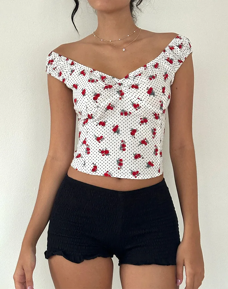 Derige Bardot Top in White Rose Polka