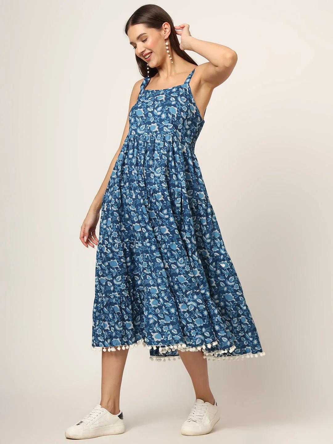 Divena Sky Blue Printed Cotton Fabric Fit & Flare Dress