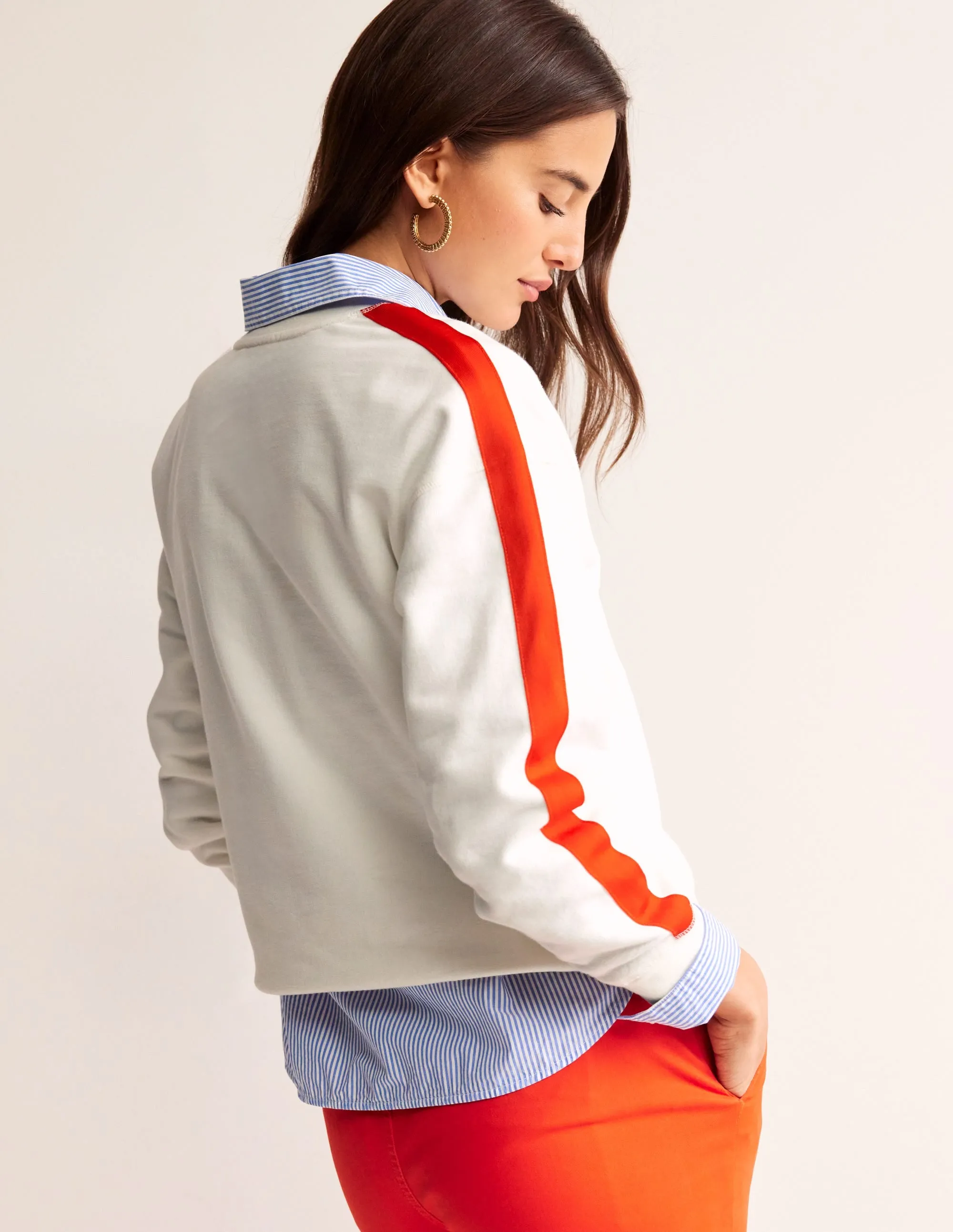 Drop Shoulder Sweatshirt-Ivory Red Stripe