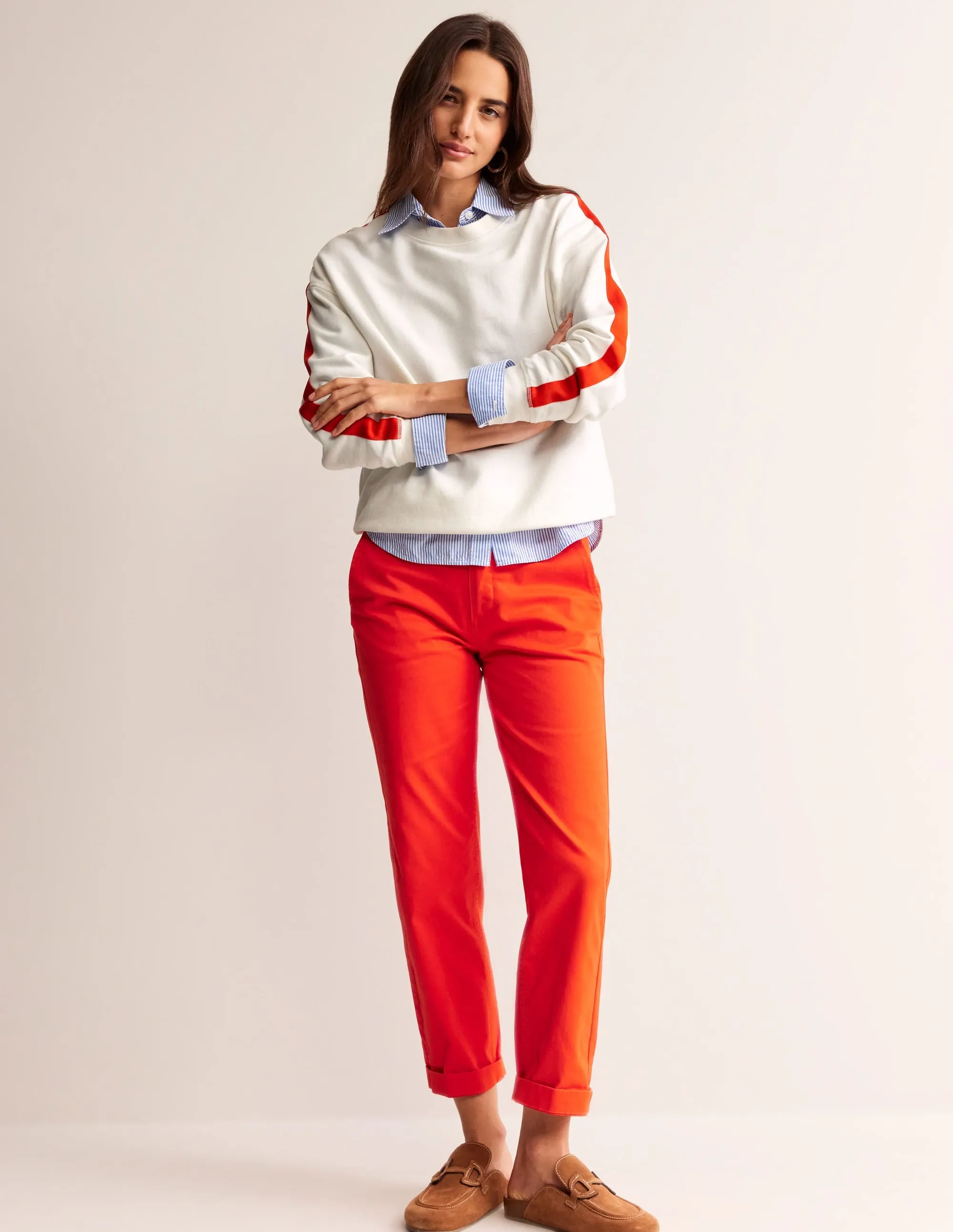 Drop Shoulder Sweatshirt-Ivory Red Stripe