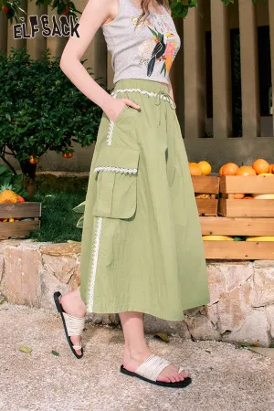 ELFSACK 2024 summer new arrival Mid-length A-line large pocket khaki lace patchwork workwear skirt for women