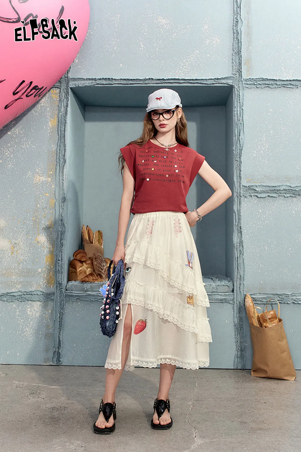 ELFSACK 2024 Summer New Arrivals White slit sweet half skirt for women irregular ruffle edge design long skirt