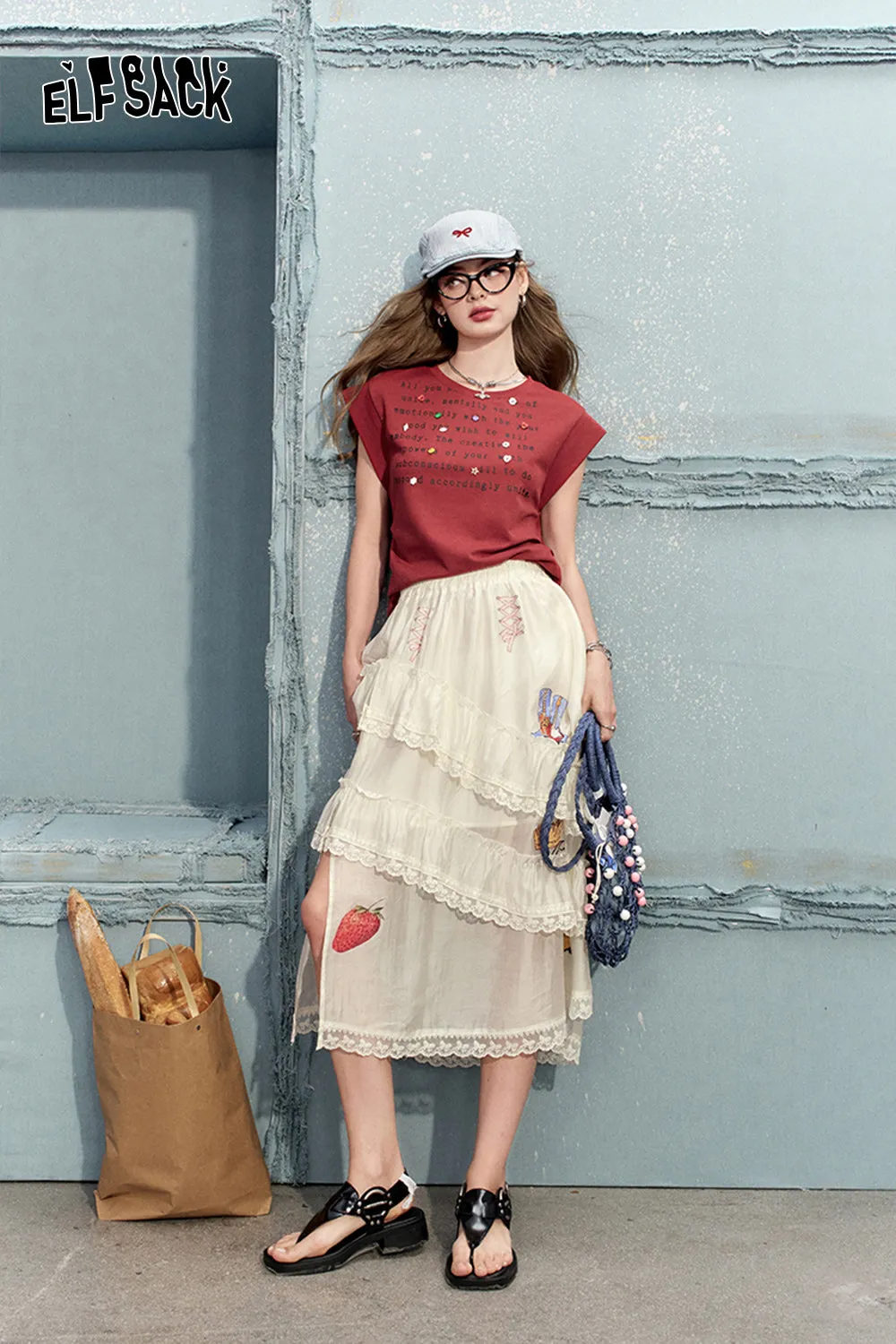 ELFSACK 2024 Summer New Arrivals White slit sweet half skirt for women irregular ruffle edge design long skirt