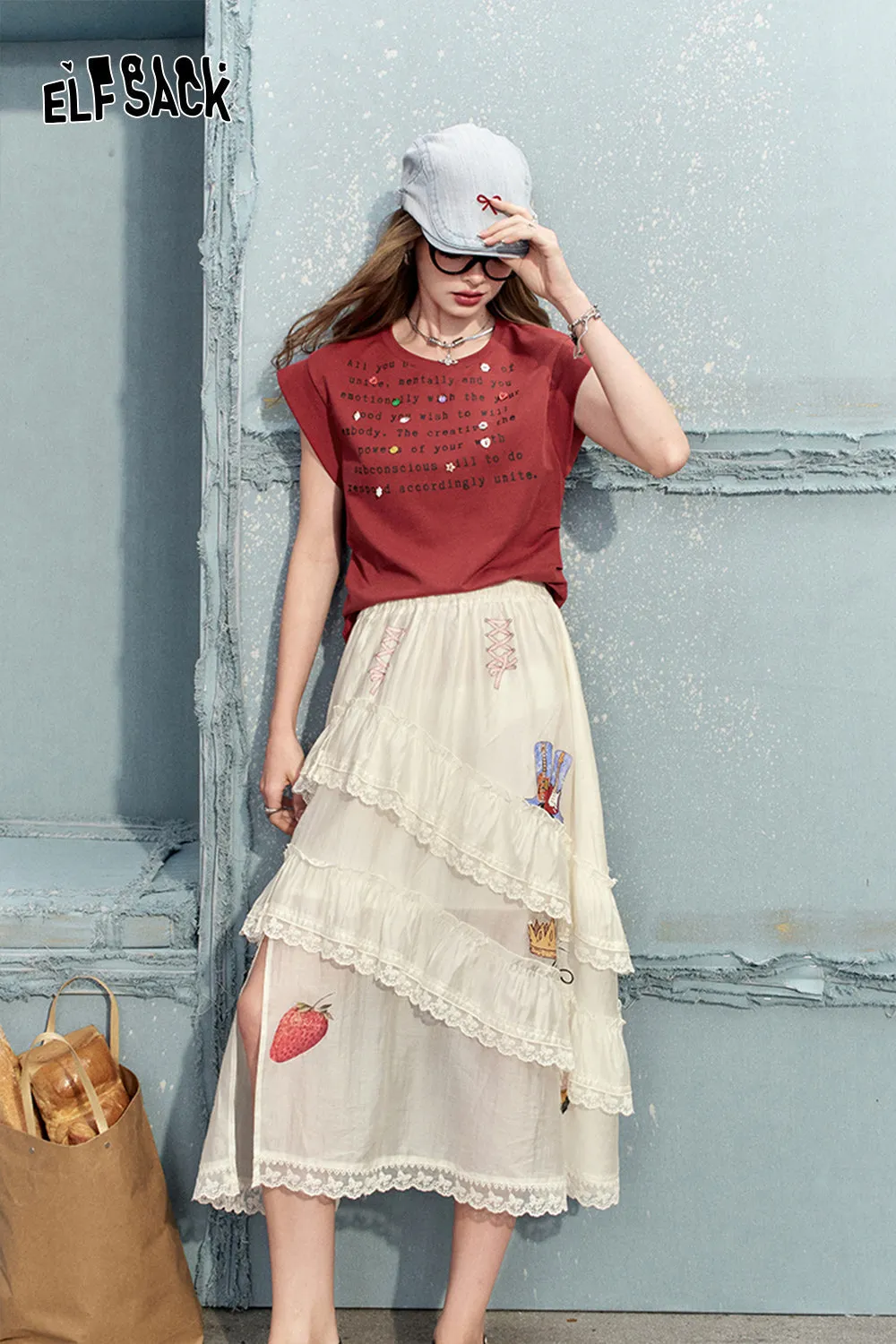 ELFSACK 2024 Summer New Arrivals White slit sweet half skirt for women irregular ruffle edge design long skirt