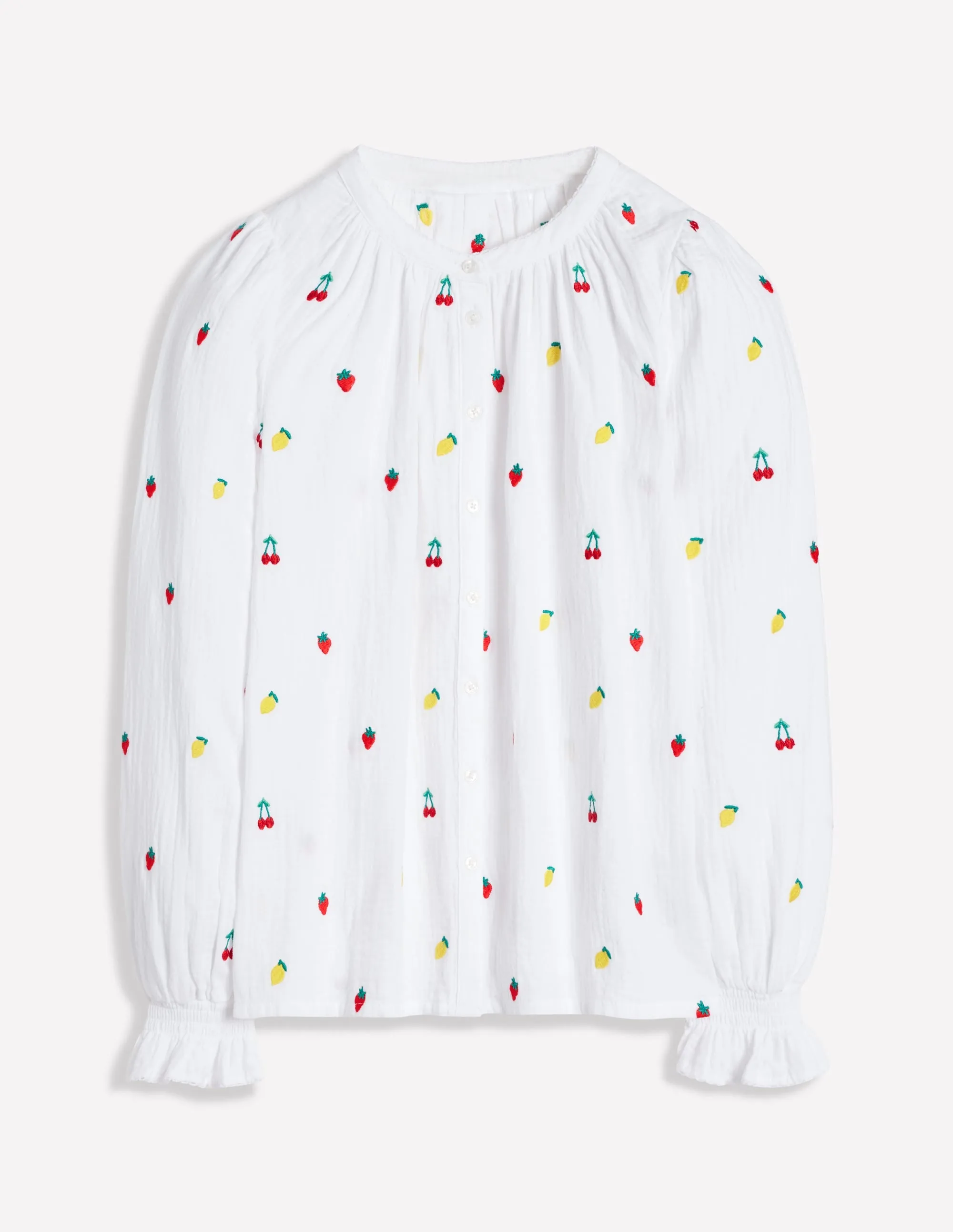 Evie Double Cloth Top-White, Embroidered Fruit