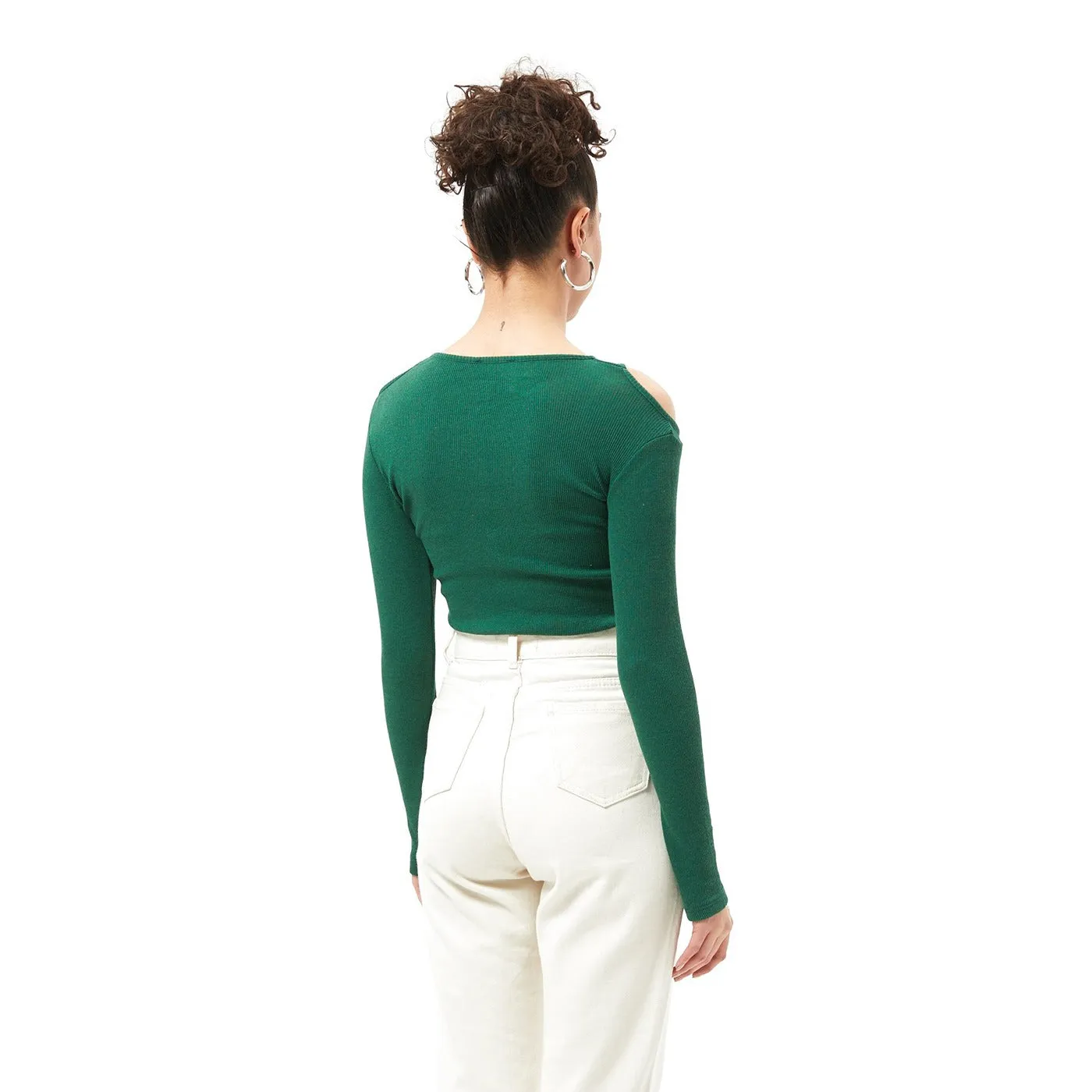 Green Ribbed Shoulder Cut Top