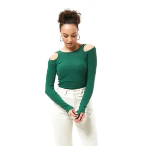 Green Ribbed Shoulder Cut Top