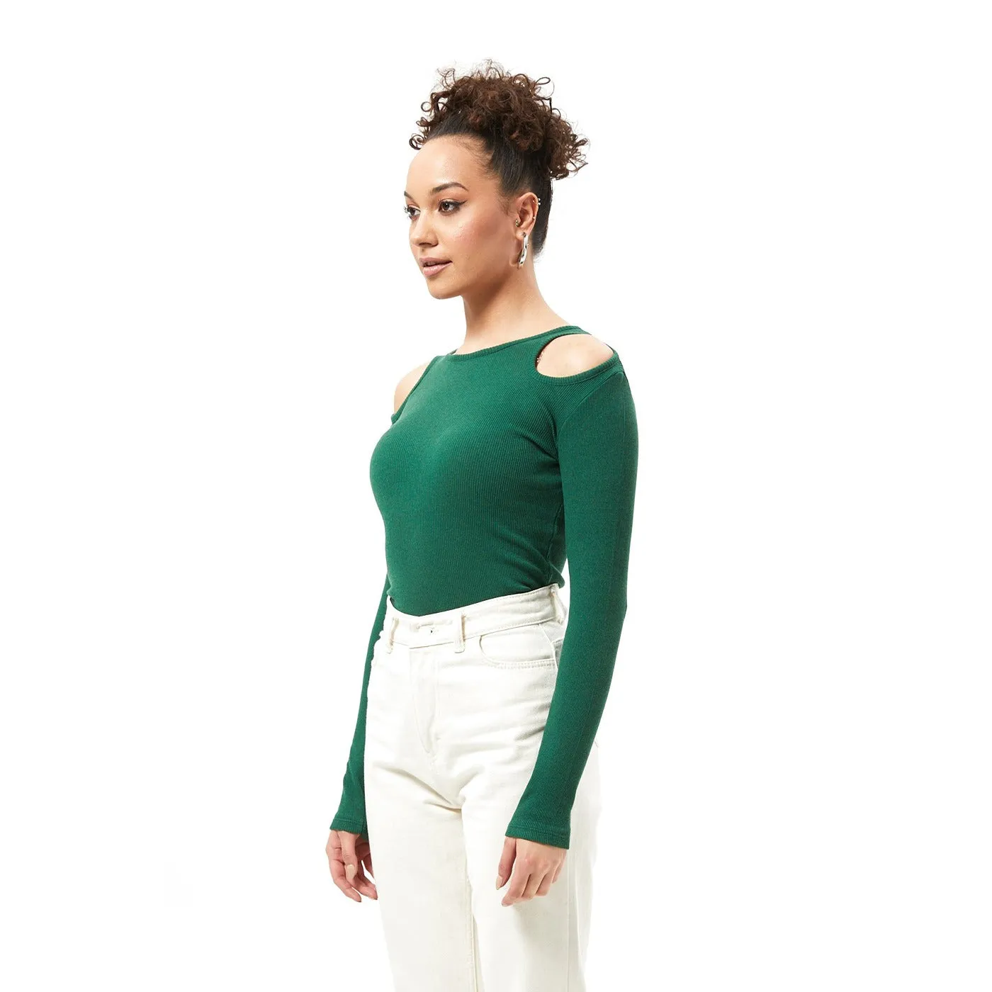 Green Ribbed Shoulder Cut Top