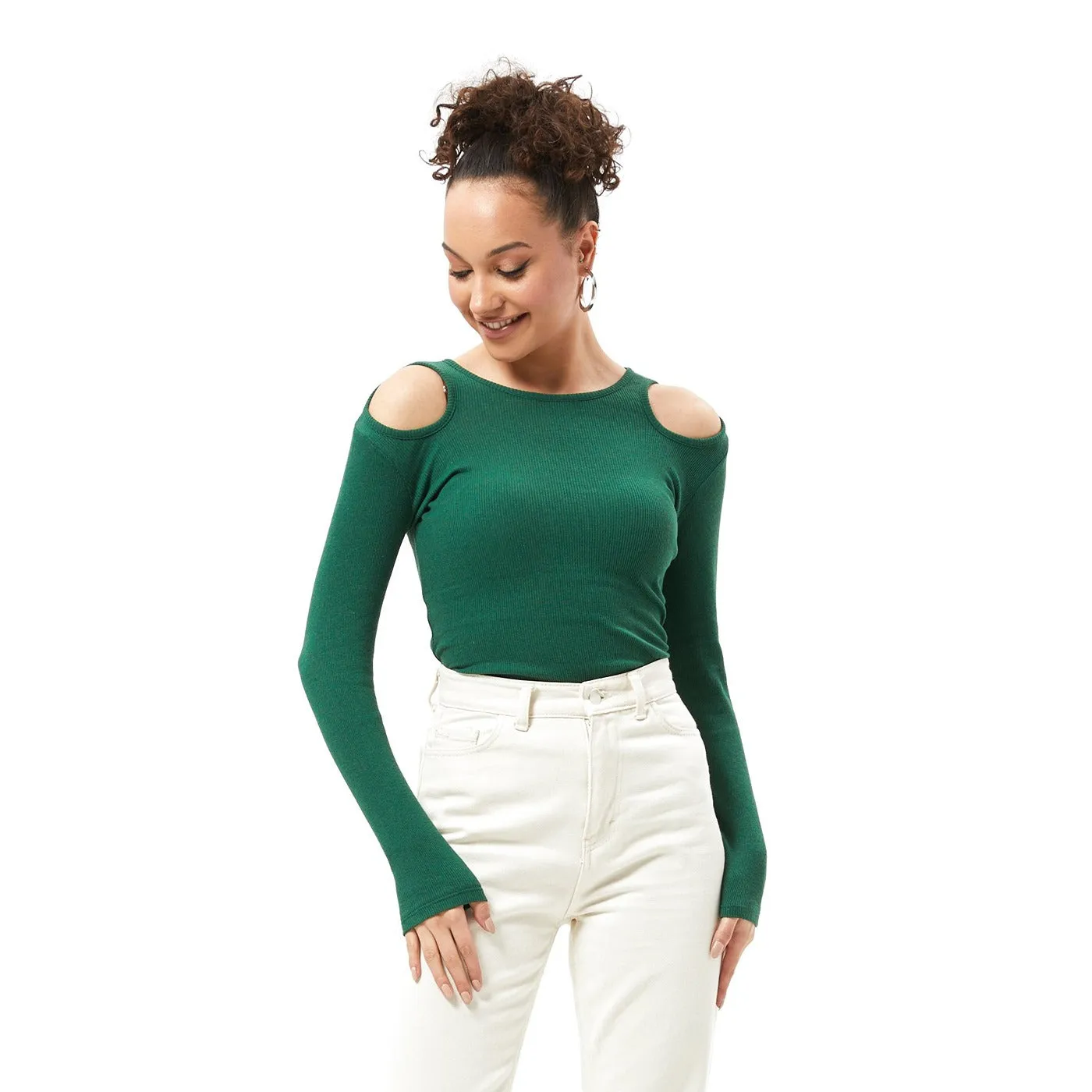 Green Ribbed Shoulder Cut Top