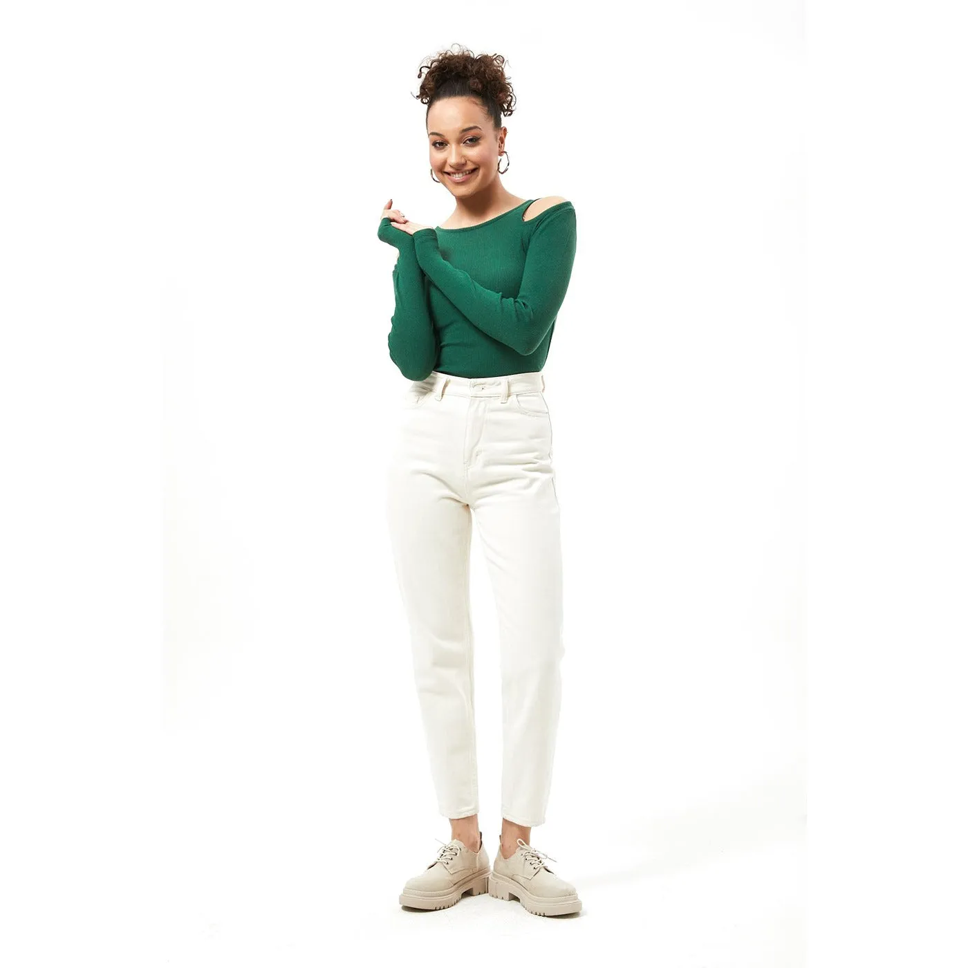 Green Ribbed Shoulder Cut Top