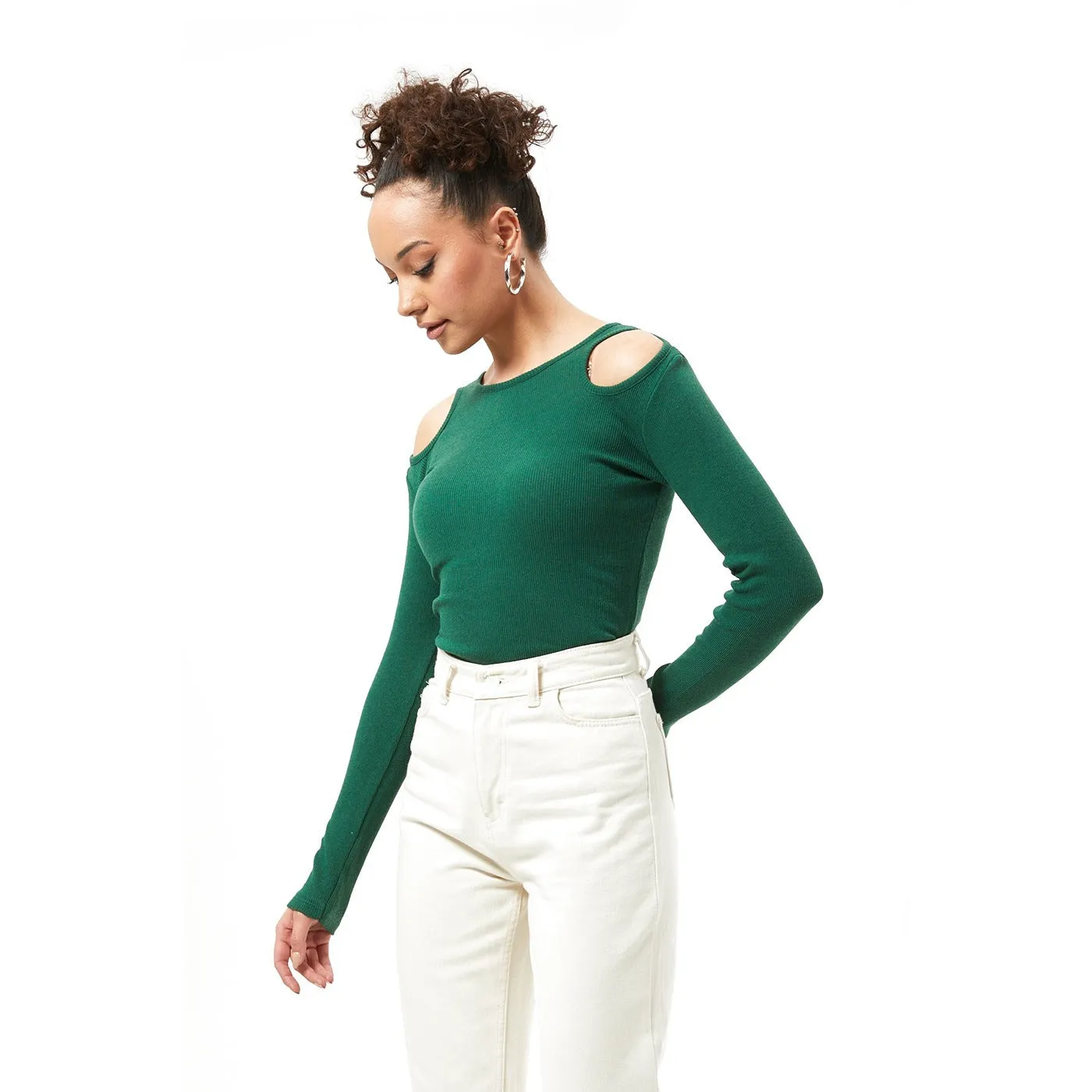 Green Ribbed Shoulder Cut Top