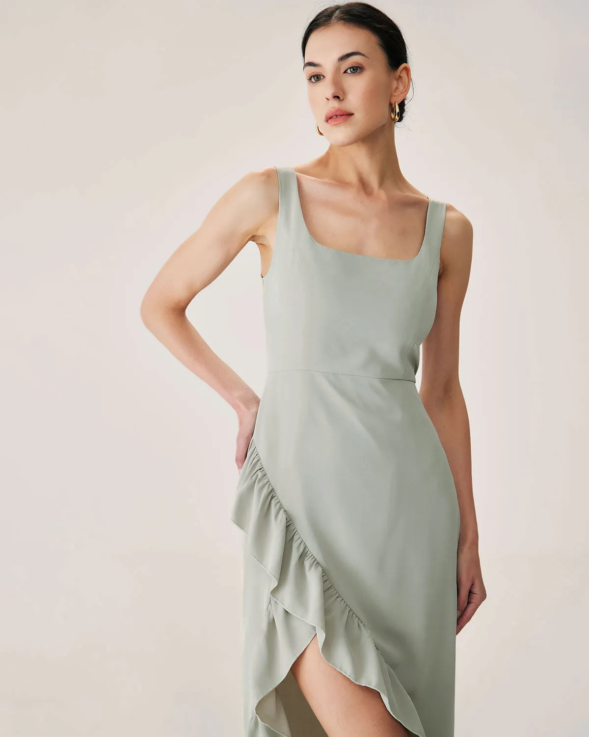 Green Ruffle Slit Slip Maxi Dress