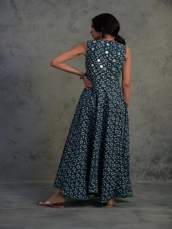 Indigo Block Printed Angrakha Wrap Dress