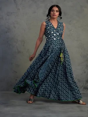 Indigo Block Printed Angrakha Wrap Dress