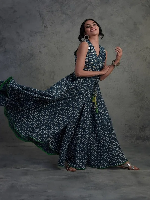 Indigo Block Printed Angrakha Wrap Dress