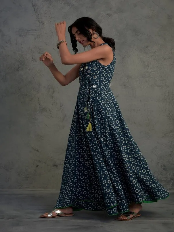Indigo Block Printed Angrakha Wrap Dress